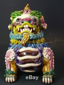 Chinois Wucai Porcelaine & Poterie Foo Dog Lion Dragon Kylin Brûleur Encensoir Statue