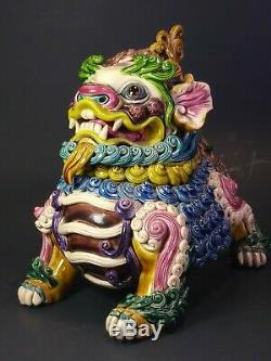 Chinois Wucai Porcelaine & Poterie Foo Dog Lion Dragon Kylin Brûleur Encensoir Statue