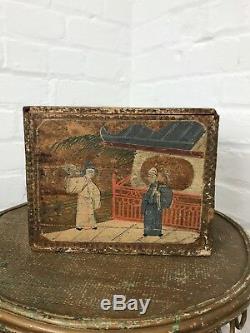 Coffret Caddy Thé Chinois Antique Peint À La Main Oriental Vintage Décoratif