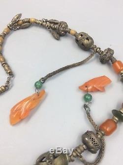 Collier Antique En Argent Dynastie Qing Jade, Cornaline, Agate, Bois