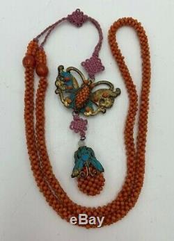 Collier De Cour Chinois Mandarin Antique De La Dynastie Qing, Perles De Corail De Martin-pêcheur