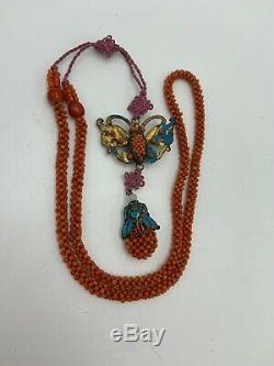 Collier De Cour Chinois Mandarin Antique De La Dynastie Qing, Perles De Corail De Martin-pêcheur