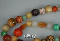 Collier De Perles Vintage Antique-corail, Cinabre Chinois, Sculpté, Jade, Cornaline