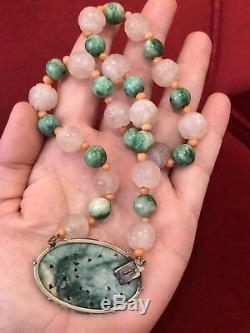 Collier Pendentif En Perles De Quartz Taillé Jade Corail Rose Antique Chinois Des Années 1920