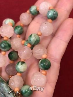 Collier Pendentif En Perles De Quartz Taillé Jade Corail Rose Antique Chinois Des Années 1920