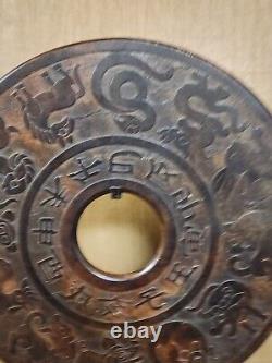 Disque bi en pierre sculptée chinoise avec roue du zodiaque en pierre et support 12