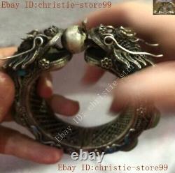 Dynastie Chinoise Argenté Enamel Dragon Incrustation De Jade Vert Exorcisme Bracelet Amulette