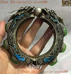 Dynastie Chinoise Argenté Enamel Dragon Incrustation De Jade Vert Exorcisme Bracelet Amulette
