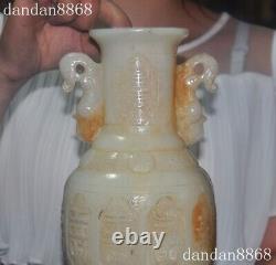 Dynastie Chinoise Vieux Jade Sculpté Double Dragon Oreille Bête Zun Bouteille Pot Vase Jar