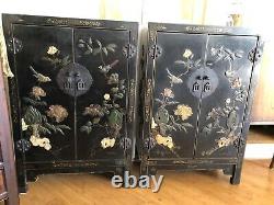 Ensemble De 2 Antiques Antiques Asiatiques Antiques Cabinets De Laque Noire Stone Inlay