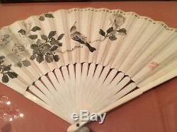 Excellent Ventilateur Chinois Peint Et Couverture De Ventilateur De Textile De La Dynastie Qing, Encadrée