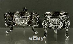 Export Argent Bols Chinois (2) C1890 Dragon & Elephant