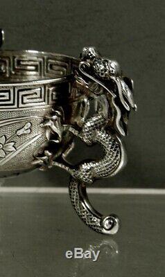 Export Argent Bols Chinois (2) C1890 Dragon & Elephant