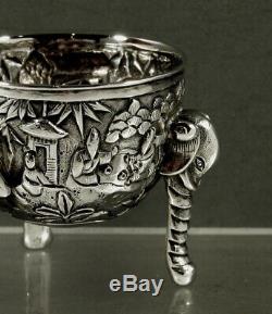 Export Argent Bols Chinois (2) C1890 Dragon & Elephant