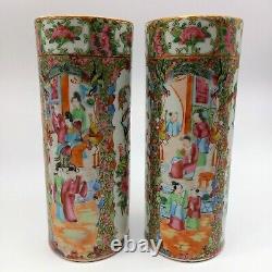 Famille Antique Chinoise Paire De Douille De Porcelaine Rose De Vases
