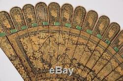 Fine 19c Antique Chinois Doré À La Main Peint Laque Noire Brise Fan Qing Doré
