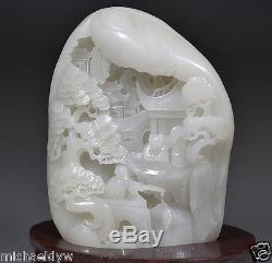 Fine Rarest Chinese'mutton Fat 'hetian Blanc Néphrite Jade Paysage Statue