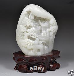 Fine Rarest Chinese'mutton Fat 'hetian Blanc Néphrite Jade Paysage Statue