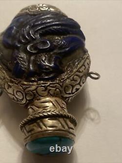 Flacon à tabac en argent sterling turquoise et verre de Pékin bleu chinois antique