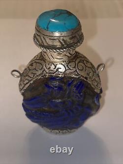 Flacon à tabac en argent sterling turquoise et verre de Pékin bleu chinois antique