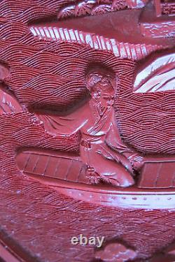 Grand 9.5 Vintage / Antique Chinese Sculpté Cinnabar Laque Plate Romantique Ex++