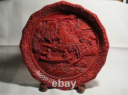 Grand 9.5 Vintage / Antique Chinese Sculpté Cinnabar Laque Plate Romantique Ex++