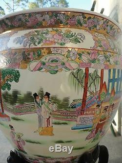 Grand Bol Chinois En Porcelaine Avec Pot De Poisson En Porcelaine Et Support En Bois