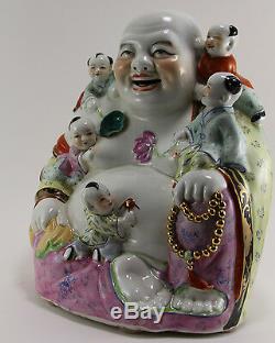Grand Bouddha Riant En Porcelaine De Chine Famille Rose Antique W.