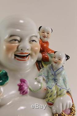 Grand Bouddha Riant En Porcelaine De Chine Famille Rose Antique W.