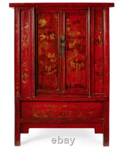 Grand Chinese Qing Dynasty Red Laquer 2 Porte Cabinet