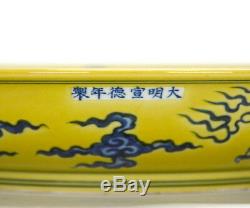 Grand Style Ming Chinois Fond Jaune Dragon Bleu Porcelaine Plaque Marqué