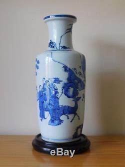 Grand Vase En Rouleau Ancien En Porcelaine De Chine, Bleu Et Blanc, Marqué Au Kangxi