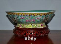 Grand Vieux Chinois Famille Rose Porcelaine Pied Bowl Pheonix Wood Stand