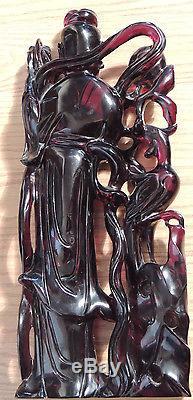 Grande Bakélite Ambre Sculptée En Cerisier Chinois Kwan Yin Phoenix
