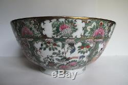 Grande Chinoise Export Rose Antique Médaillon Punch Bowl Figuraux Scènes 14,25