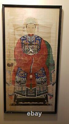 Grande Peinture Ancestrale Antique Chinoise D’aquarelle Du Monarque De Dynastie De Qing CIXI