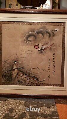 Grande Peinture Antique Chinoise D’aquarelle De Dragon Et De Tigre Sur La Dynastie De Qing De Soie