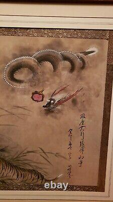 Grande Peinture Antique Chinoise D’aquarelle De Dragon Et De Tigre Sur La Dynastie De Qing De Soie