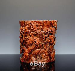 Importantes Grues Finement Sculptées Chinoises De Ming Sous Le Pot De Brosse De Bambou De Sapin