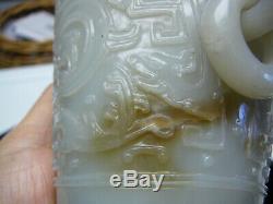 Impressionnant Bien Sculpté Jade Céladon Blanc 6 Anneaux Chinois Du 18ème Vase Couvert / 19thc