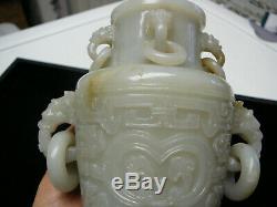 Impressionnant Bien Sculpté Jade Céladon Blanc 6 Anneaux Chinois Du 18ème Vase Couvert / 19thc
