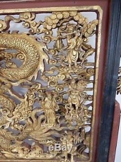 Incroyable Grand Chinois Sculpté En Bois Doré Dragon Screen 74