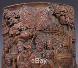 Incroyable Rare Vieux Chinois Haute Relief Bambou Main Sculpture Chiffres Brosse Pot Fa084