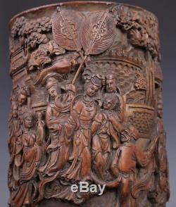 Incroyable Rare Vieux Chinois Haute Relief Bambou Main Sculpture Chiffres Brosse Pot Fa084
