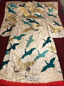 Japonais Vintage Brodé Kimono En Soie Chinoise Robe Broderie Cranes