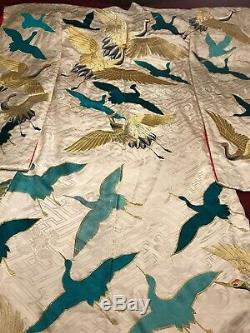Japonais Vintage Brodé Kimono En Soie Chinoise Robe Broderie Cranes