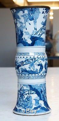 Kangxi Chinois Antique En Porcelaine Bleue Et Vase Gu Avec Divinité Et Enfants