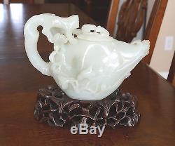 Main Chinoise Sculpté Top Qualité De Blanc He-tian Jade Teapot 2