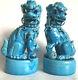 Paire (2) Chinois Antique Foo Shi Chiens Lions Turquoise Glaze Figurechinese Mark
