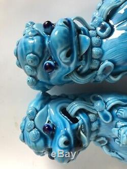 Paire (2) Chinois Antique Foo Shi Chiens Lions Turquoise Glaze Figurechinese Mark